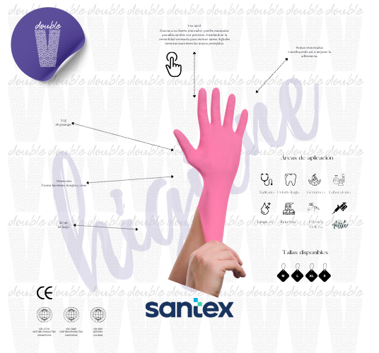 7 <h2>ESPECIFICACIONES GD20</h2> MATERIAL: Nitrilo. COLOR: Rosa. GRAMAJE: 3,5 gr. (T/M) TALLAS: XS- S- M ESTUCHE: Caja 100 uds. EMBALAJE: 1000 uds. (10 x 100 uds.) CATEGORIA: <a href="https://www.santex.es/guantes-latex-nitrilo-vinilo/">Guantes de nitrilo</a> SECTORES: Alimentación y HO.RE.CA, medico sanitario, automoción e industria en general.