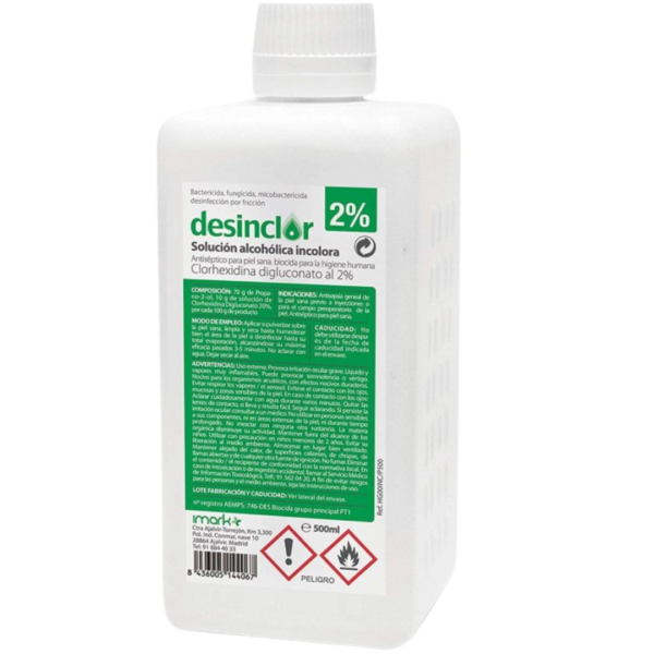 <strong>Desinclor. Solución Alcohólica Clorhexidina Incolora 2%:</strong> La solución antiséptica preferida por los tatuadores. Con 2% de Clorhexidina Digluconato, esta fórmula incolora y potente desinfecta la piel de manera eficaz, preparándola para procedimientos estériles sin dejar manchas ni residuos. Ideal para un uso seguro antes y después del tatuaje, asegurando la máxima protección y cuidado para cada cliente.