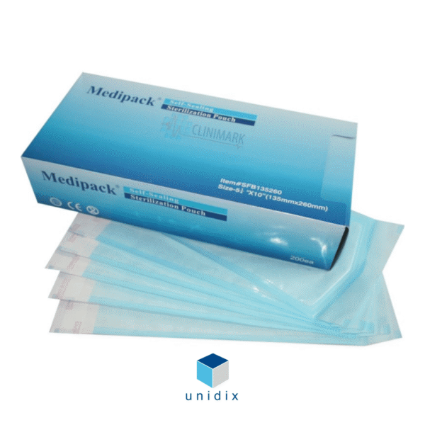 <ul> <li>Con tintas indicadoras que cambian de color en procesos de vapor y oxido de etileno, exentas de residuos  tóxicos de forma que sea facilmente de identificar el proceso.</li> <li>indicación del sentido de apertura</li> <li>Facil sistema de autocierre que permite el precintado del envase sin necesidad de maquina termoselladora.</li> <li>100 uds.</li> </ul>